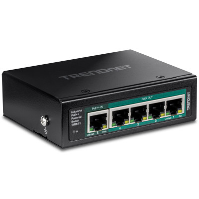 TRENDnet TI-B541 5-Port Gigabit PoE++ powered Switch, 4 Gigabit PoE+ ports, 1 Gigabit PoE++ input port, DIN-rail/wall mount